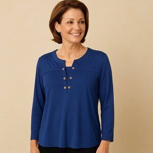 PerSeption Petites Medium Royal Blue Henley Blouse Classic Office Top Preppy